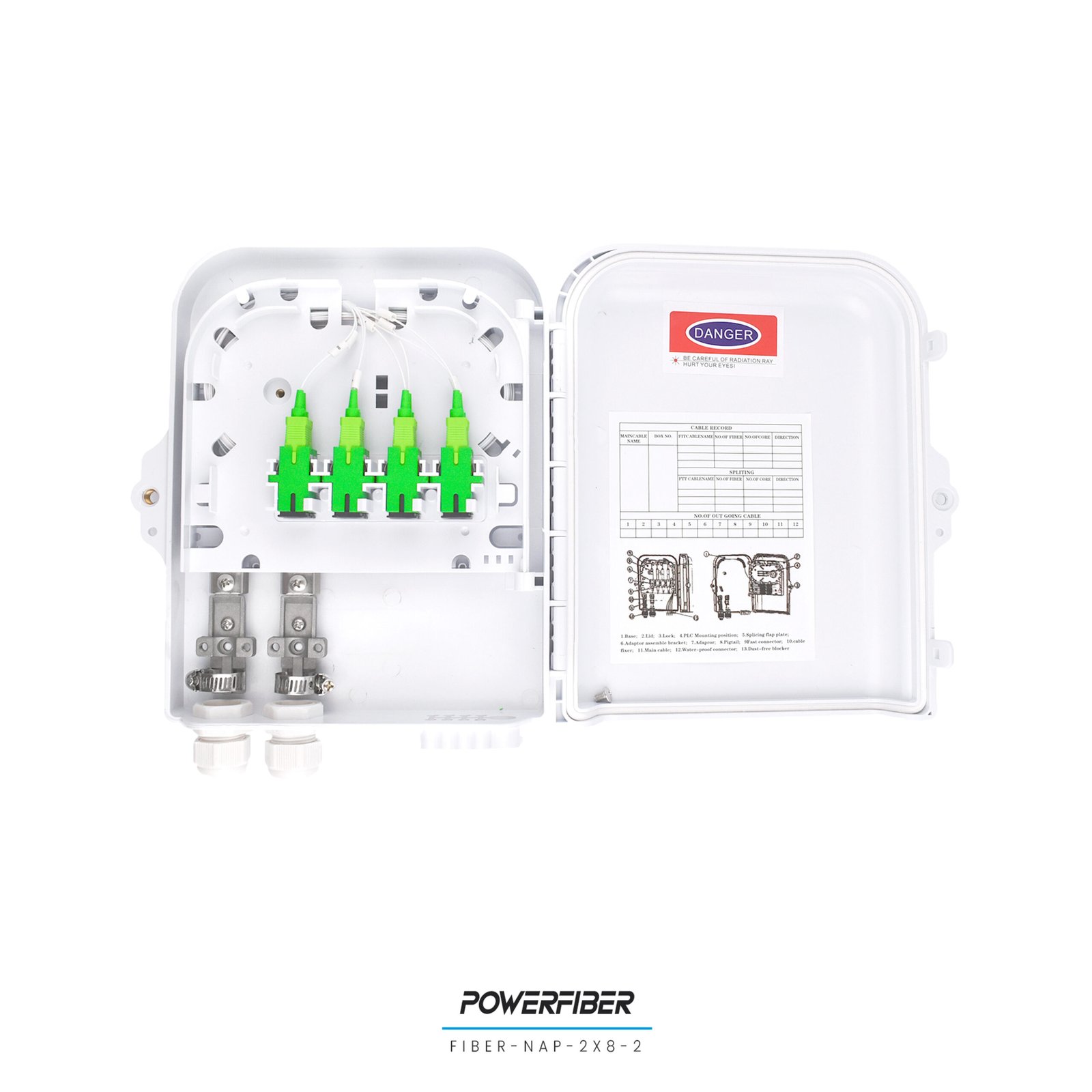 CAJA EXTERIOR FTTH 2X8 CON SPLITTER 1X8 CONECTOR SC/APC + 8 ADAPTADORES - Imagen 3